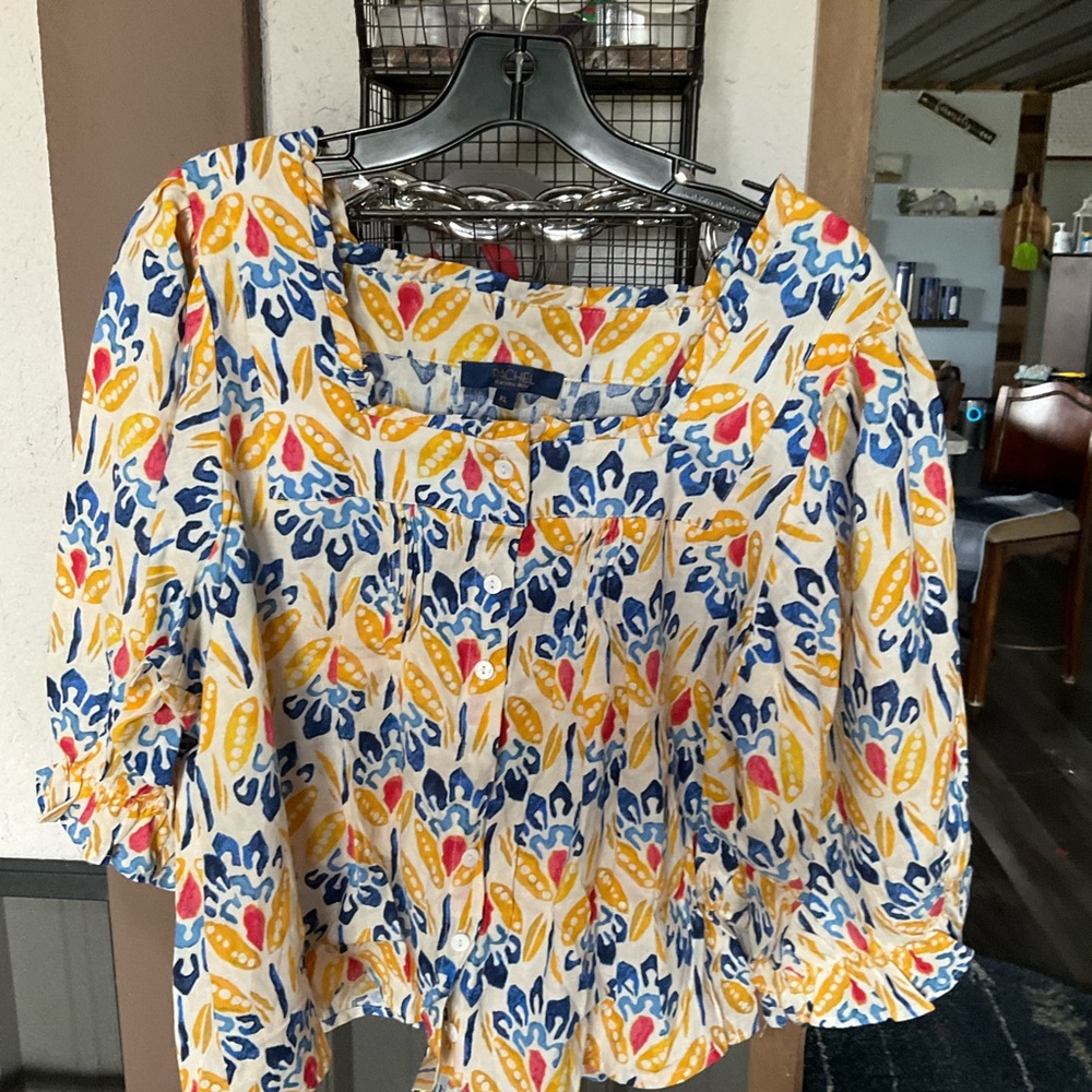 RACHEL Rachel Roy Yellow, Blue & Pink Printed Puff-Sleeve Blouse